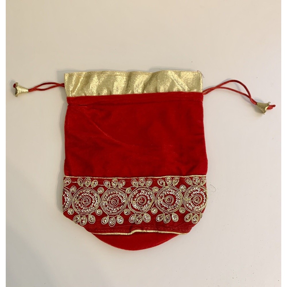Indian Small Women Potli Bag Embroidered Silk And Velvet fabric Red And Gold
